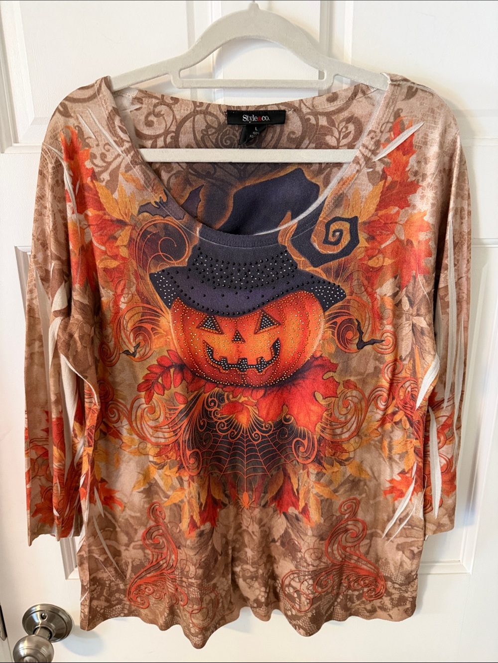 Style & Co. Halloween Embellished Jack-O'-Lantern Pullover Top 3/4 sleeves Large